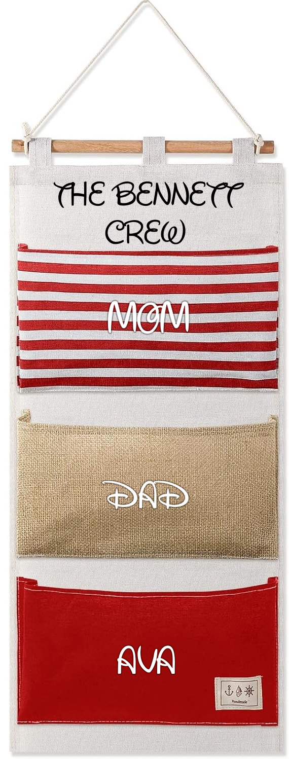 Red cruise fish extender mockup with a black The Bennett Crew title and white family names in a magical script font