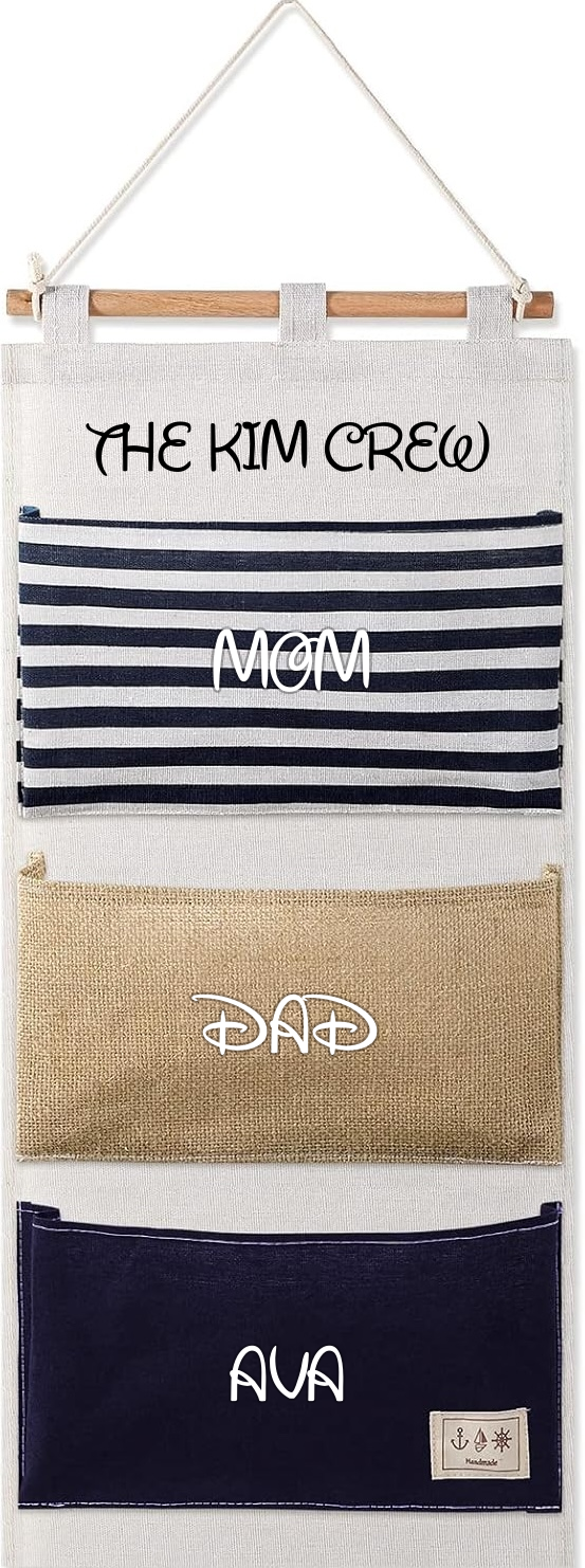 Navy cruise fish extender mockup with a black The Kim Crew title and white family names in a magical script font