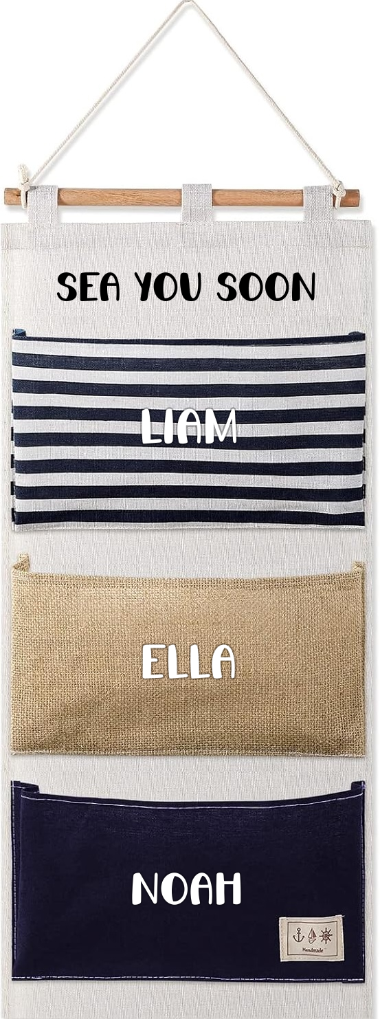 Navy cruise fish extender mockup with a black Sea You Soon title and white names in a sparkling script font