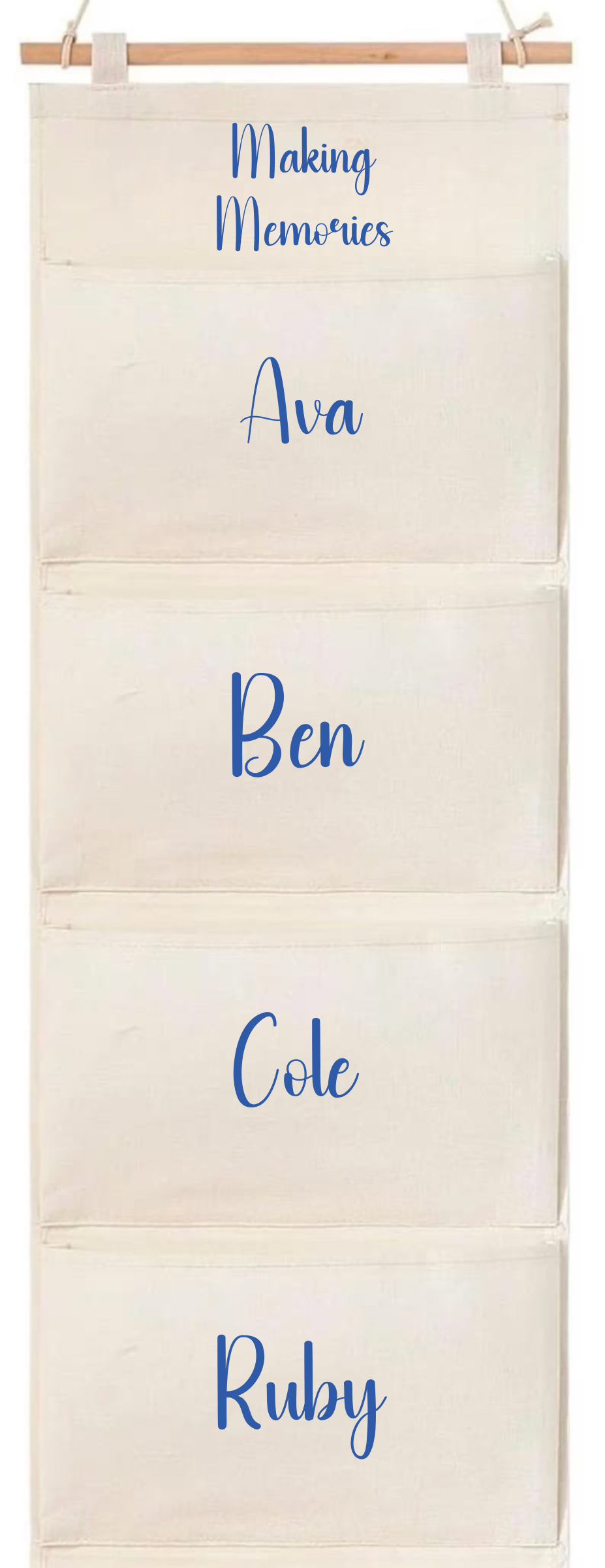 White four-pocket cruise fish extender mockup titled Making Memories with names in a bold blue display font