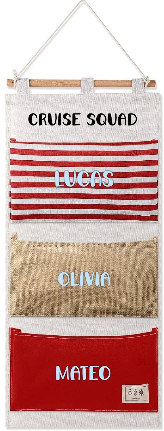 Red cruise fish extender mockup with a black Cruise Squad title and light blue names in a sparkling script font