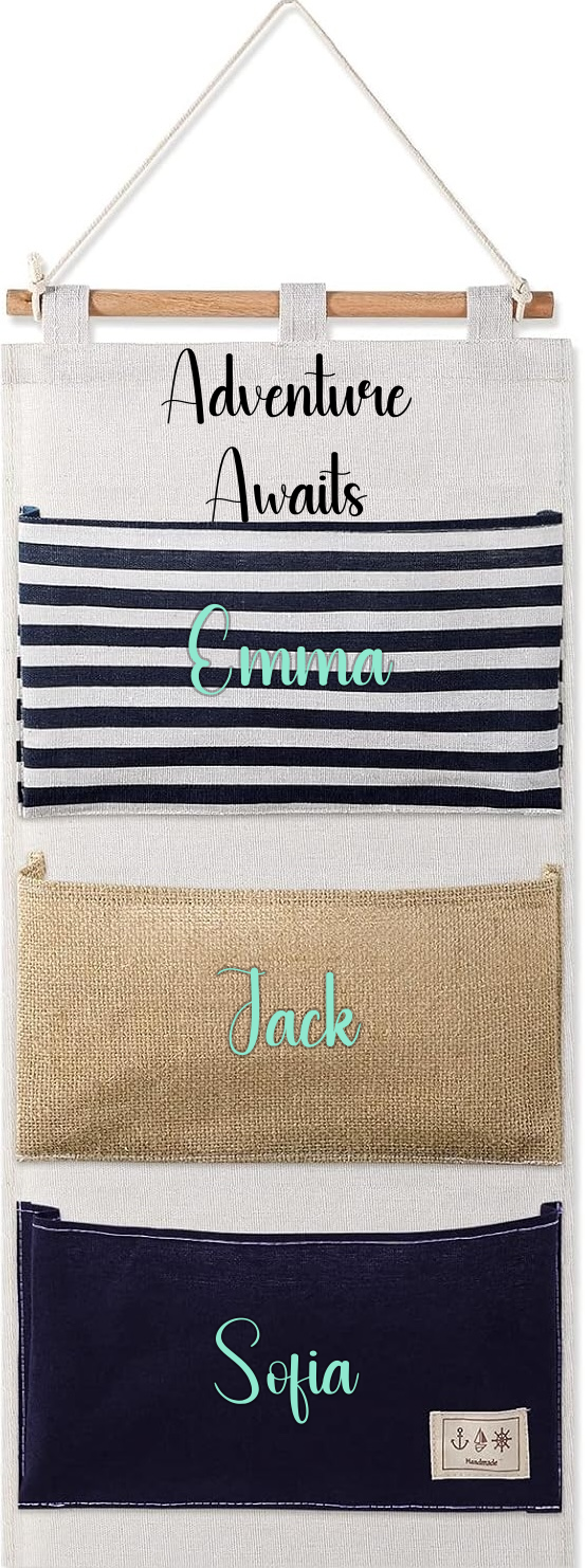 Navy cruise fish extender mockup with a black Adventure Awaits title and mint green names in a bold display font